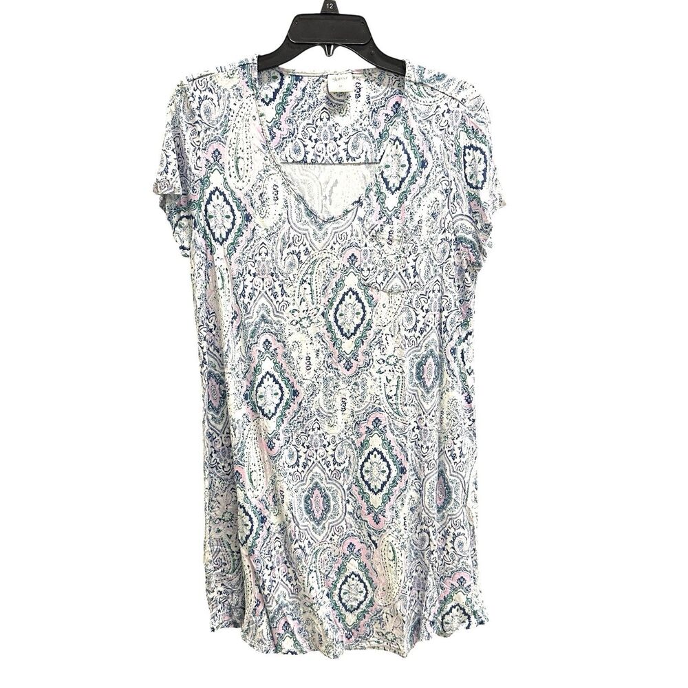 Soma Cool Nights Soft Nightgown White Paisley Print Short Sleeve V-Neck Size Med